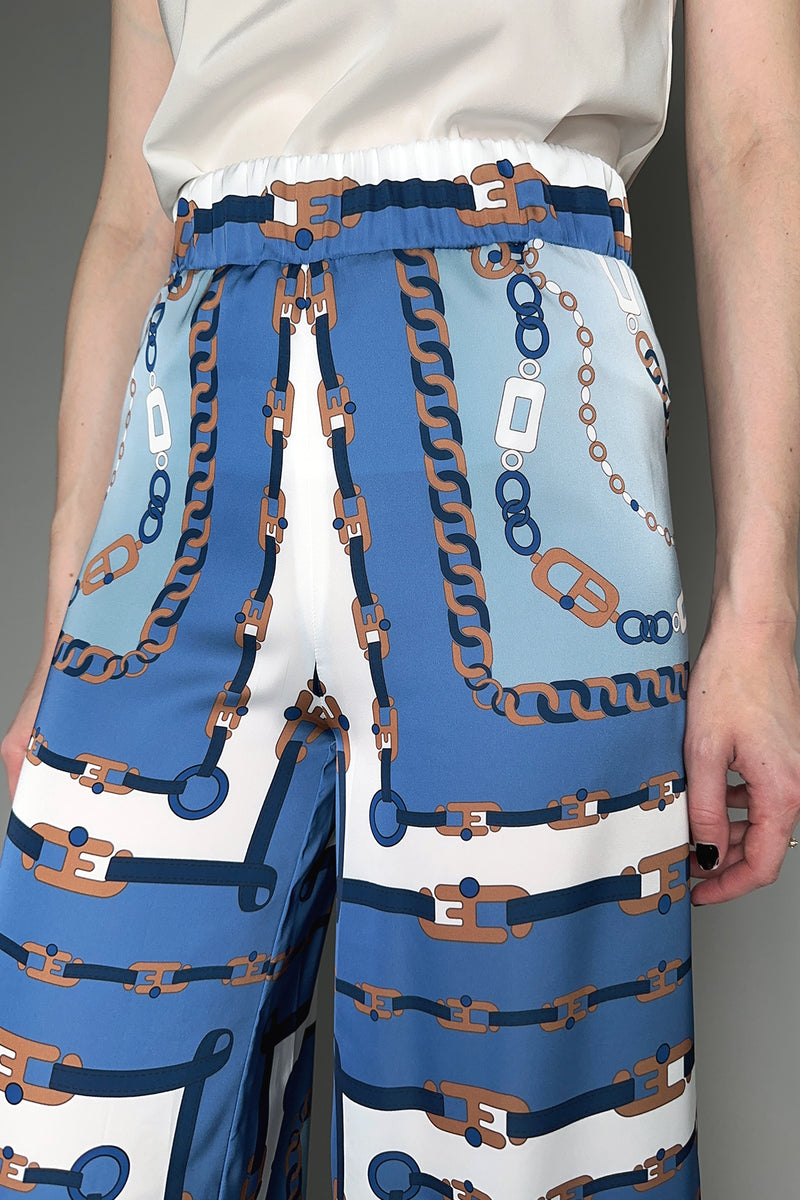 D. Exterior Chain Print Silky Twill Trousers in Blue and Bronze