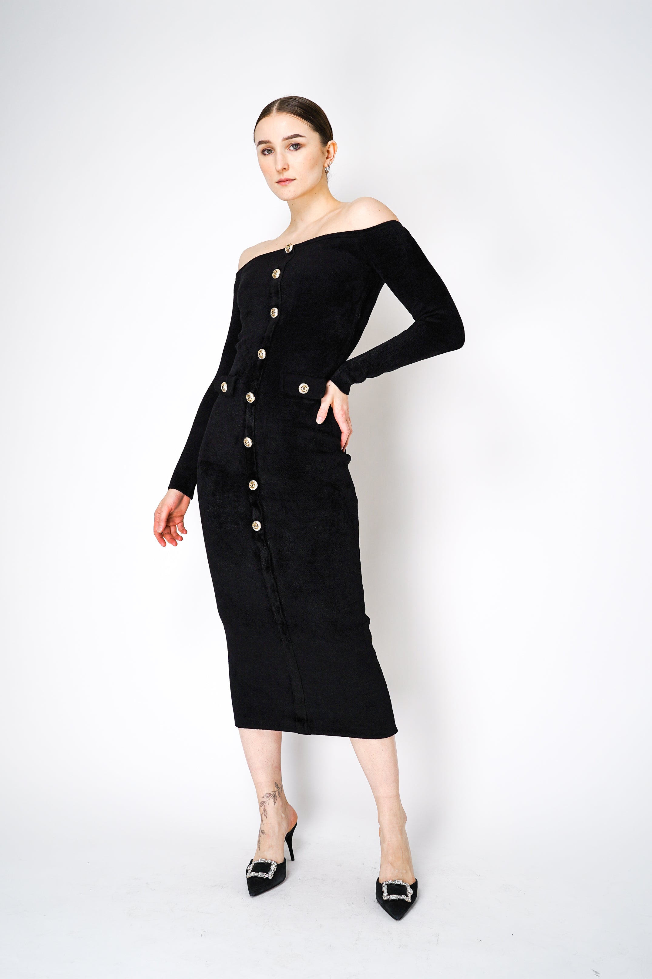 ワンピース SELF PORTRAIT SS25 CHENILLE MIDI DRESS (RS25 085M B BLACK) Black Chenille Knit Midi Dress – self-portrait-US