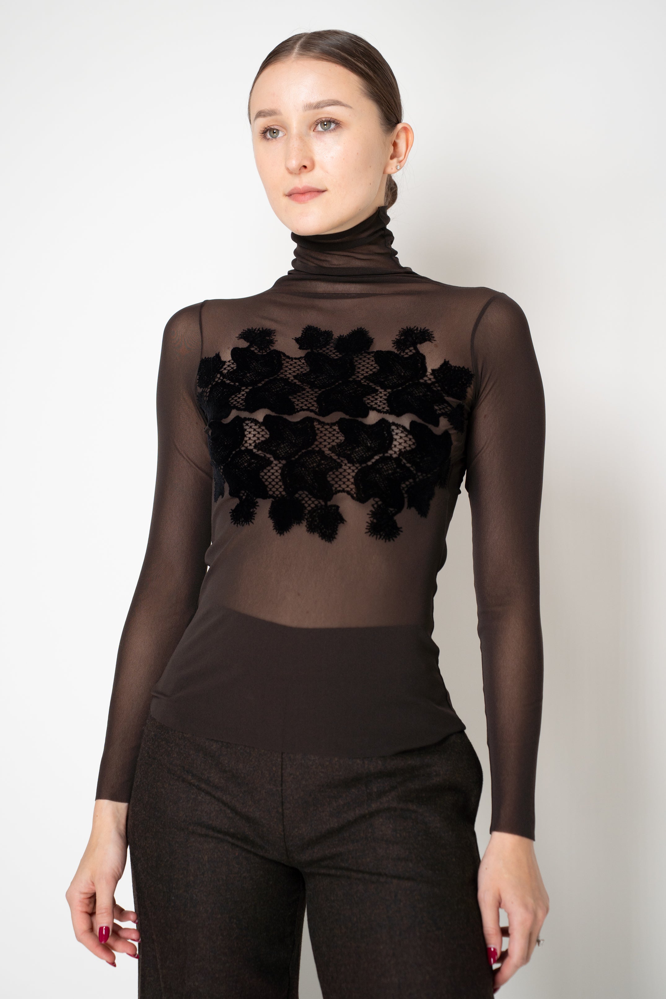 D. Exterior Stretch Tulle Turtleneck Top with Flock Chest Detail