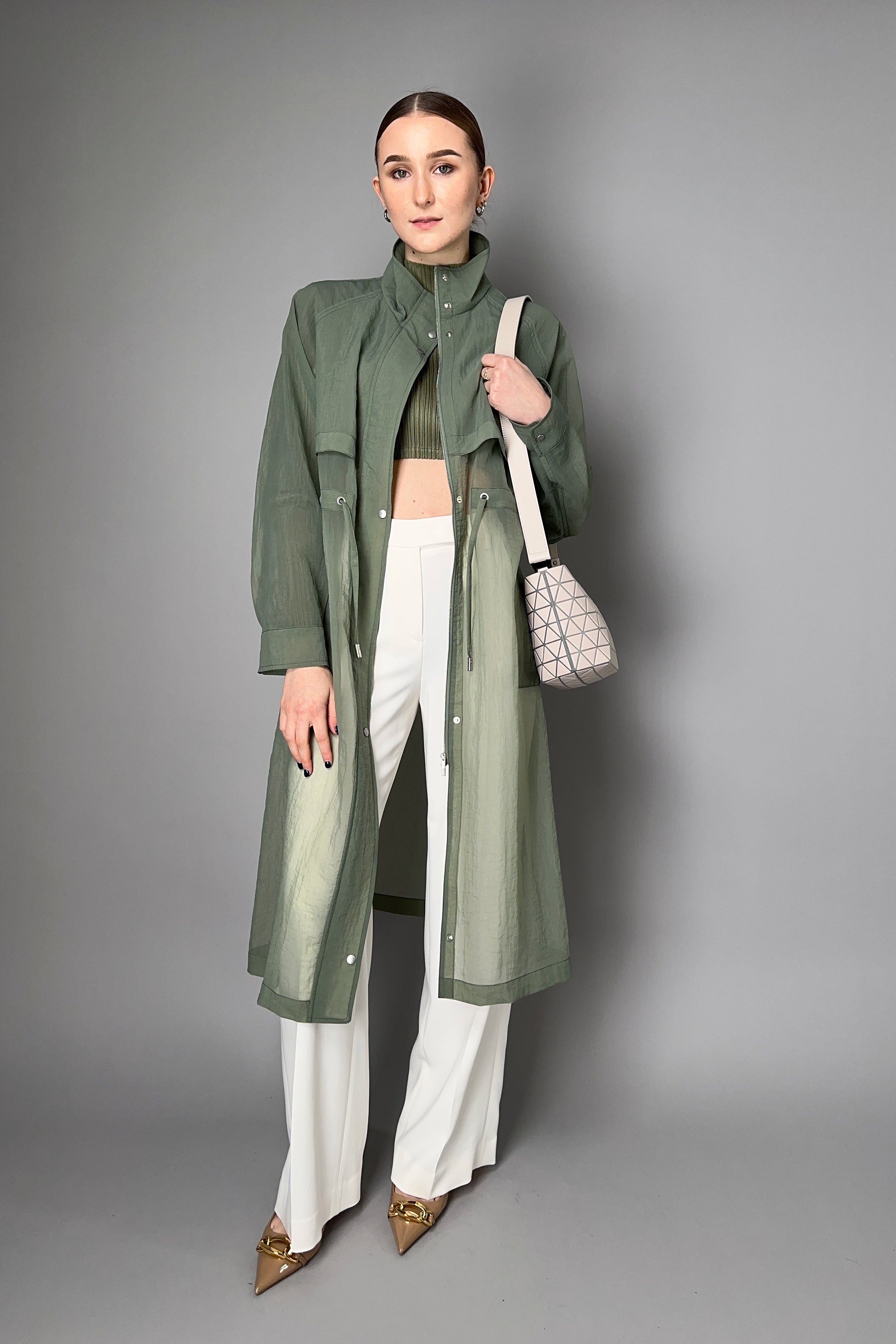 Peserico Textured Organza Trench Coat in Sage Green – Ashia Mode