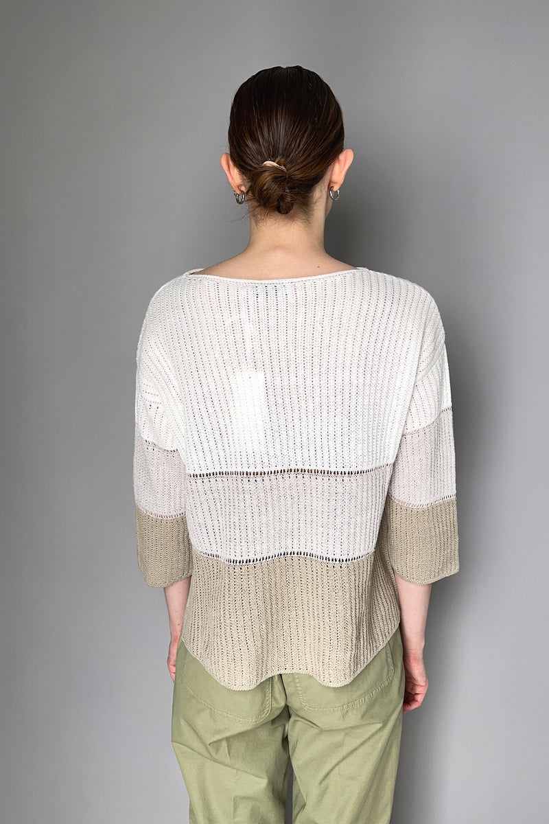 Tonet Knitted Tricolour Linen Sweater in White and Beige