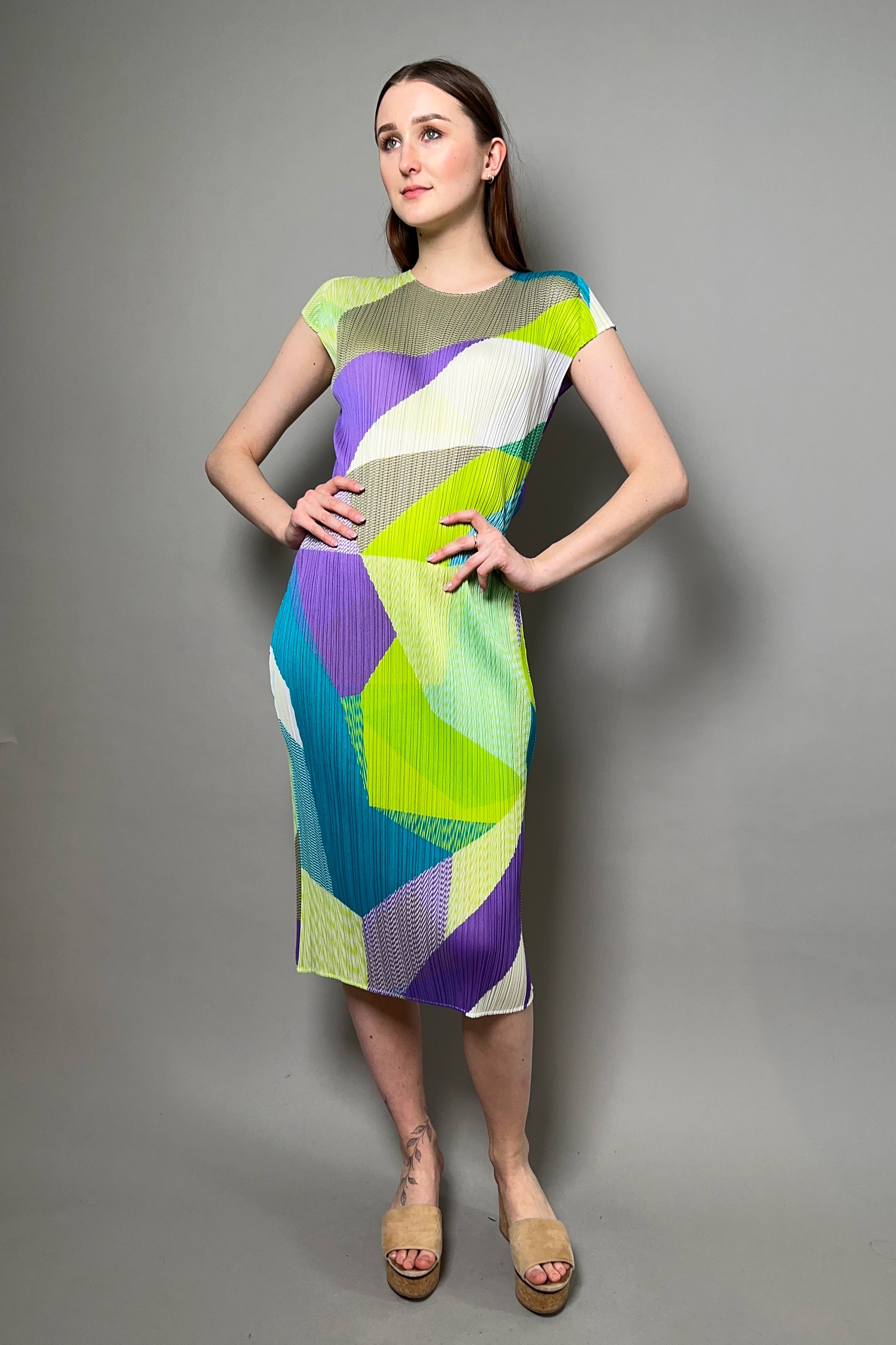 Pleats Please Crossroad Dress in Lime Green
