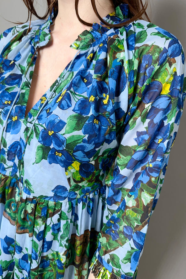 Samantha Sung Muslin "Eden" Tiered Dress in Soft Blue Antique Wheel Print - Ashia Mode