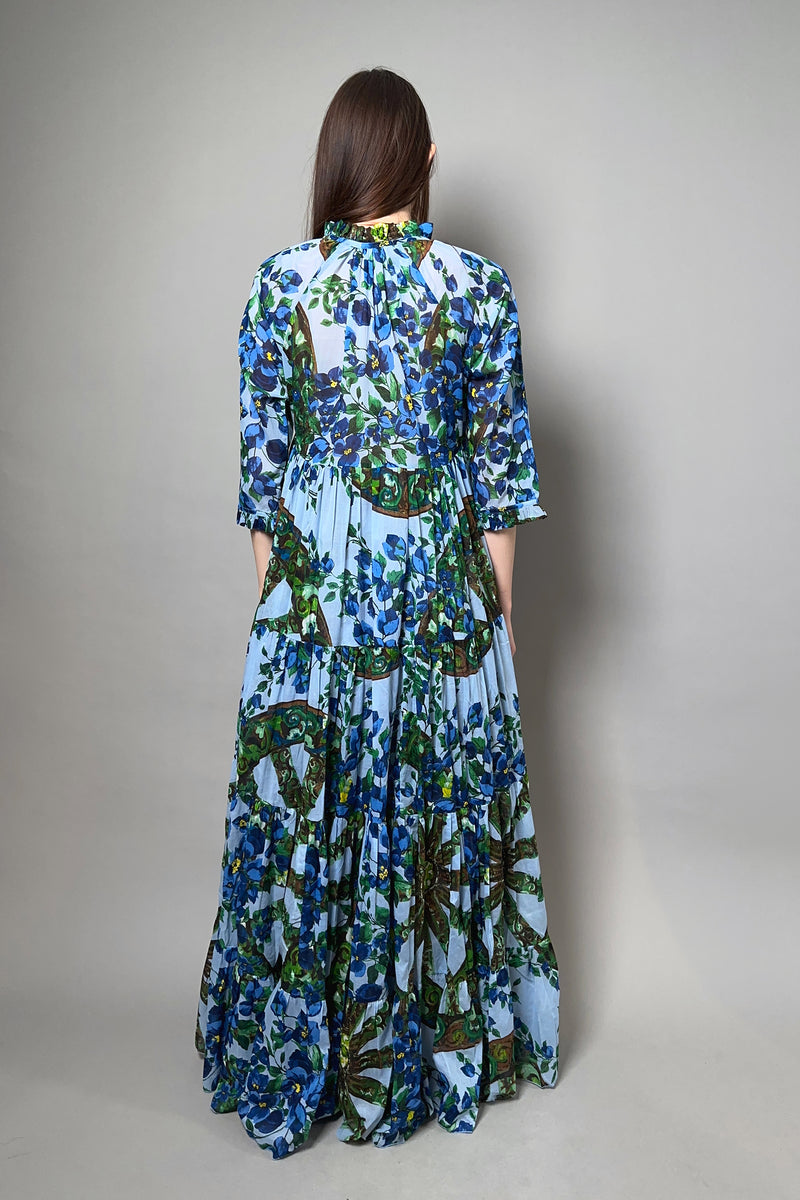 Samantha Sung Muslin "Eden" Tiered Dress in Soft Blue Antique Wheel Print - Ashia Mode