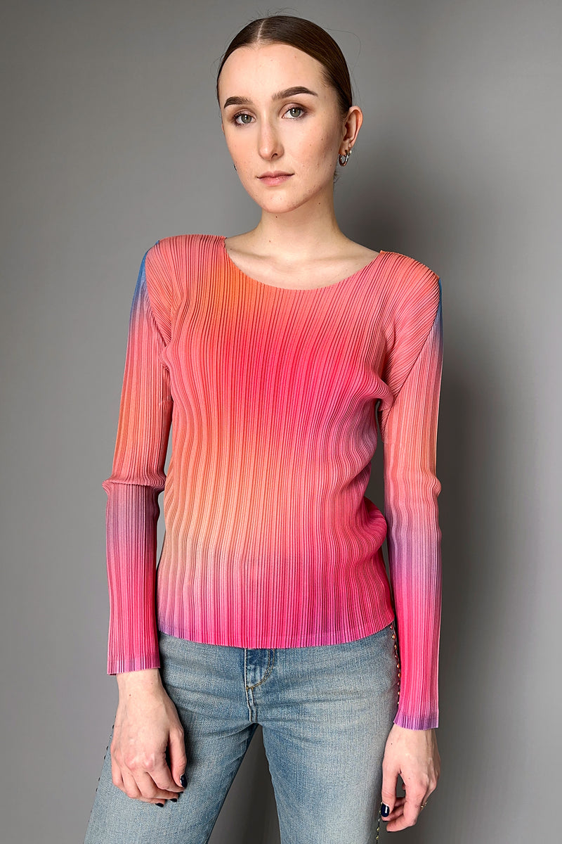 Pleats Please Issey Miyake Melty Rib Crew Neck Top in Pink and Blue