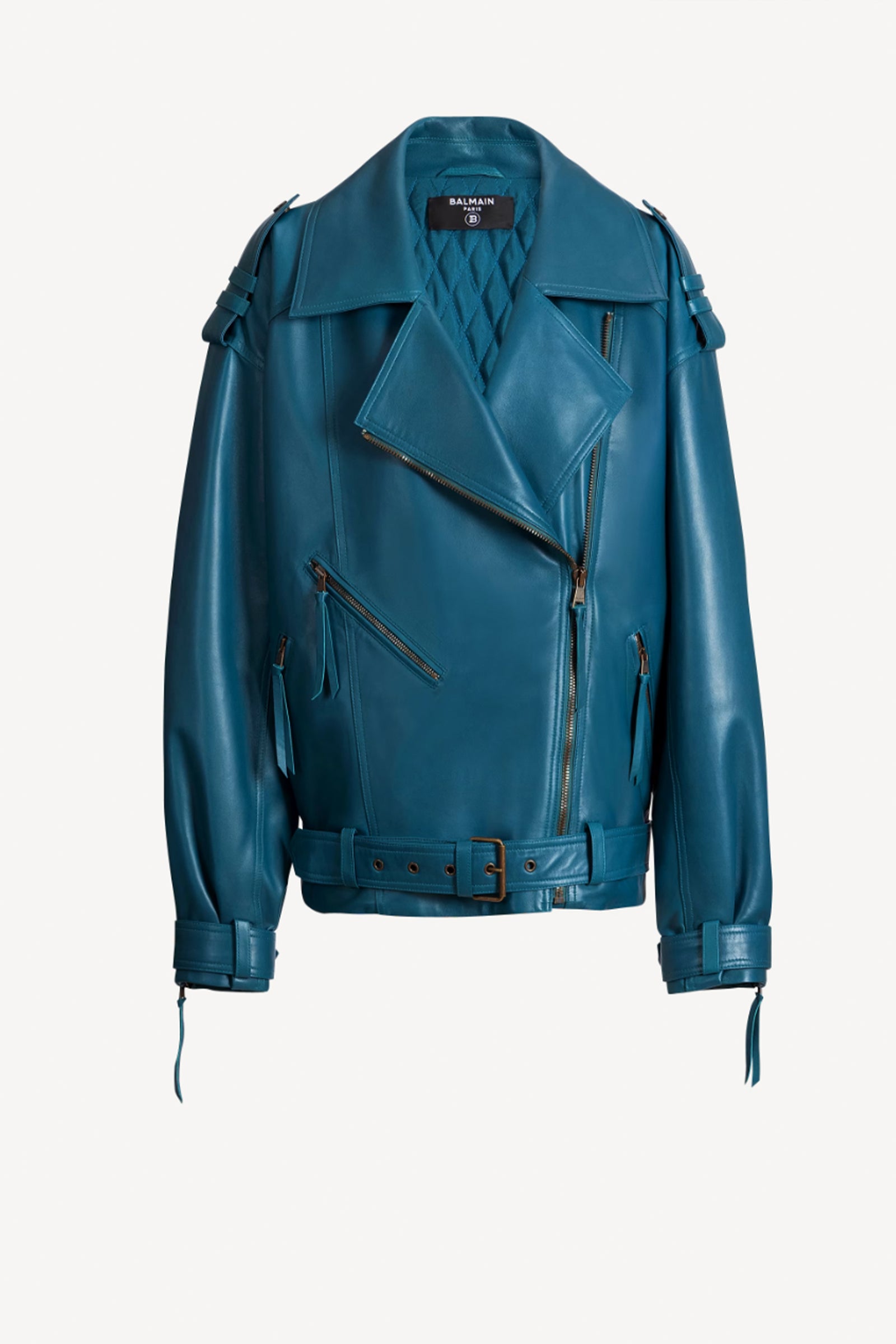 Balmain Lambskin Leather Biker Jacket in Teal – Ashia Mode