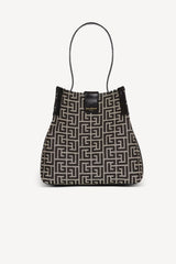 Balmain Release Jacquard Bucket Bag with Calfskin Straps in Black and Beige