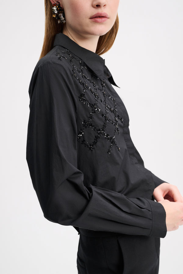 Dorothee Schumacher Sparkling Hand Embroidered Cotton Poplin Blouse in Black