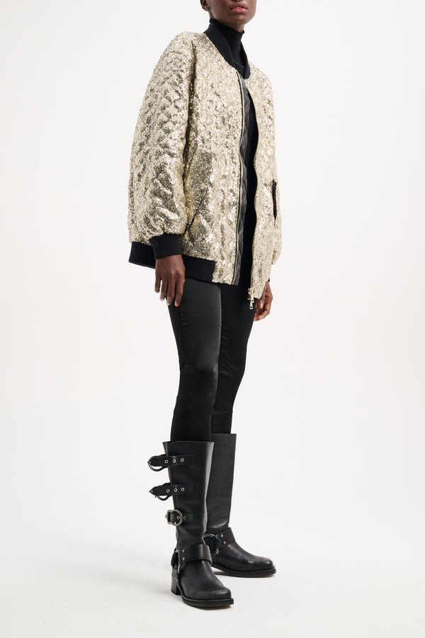 Dorothee Schumacher Shimmering Attraction Oversized Quilted Sequin Jacket in Gold