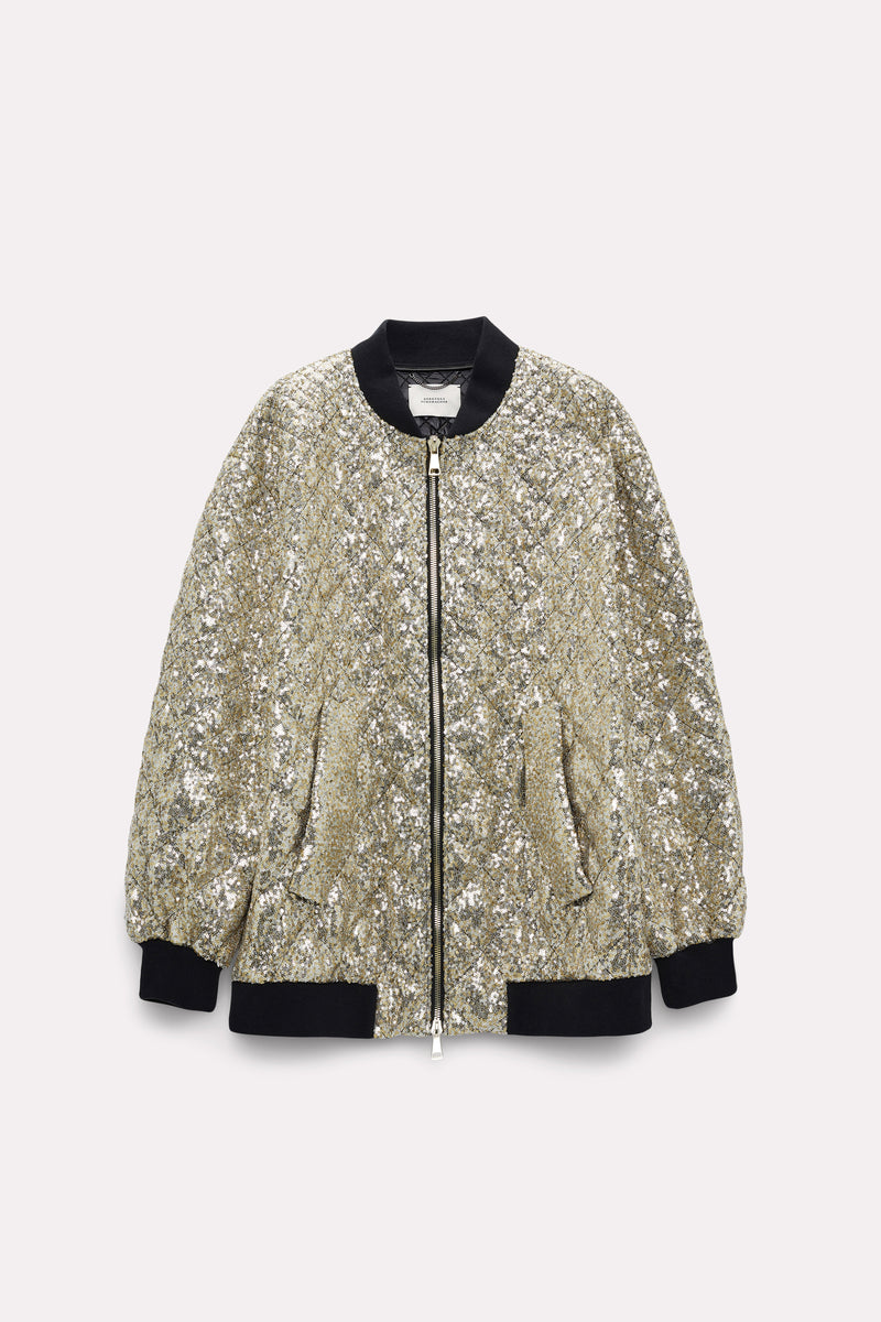 Dorothee Schumacher Shimmering Attraction Oversized Quilted Sequin Jacket in Gold Vancouver. Shop Online or in Store.