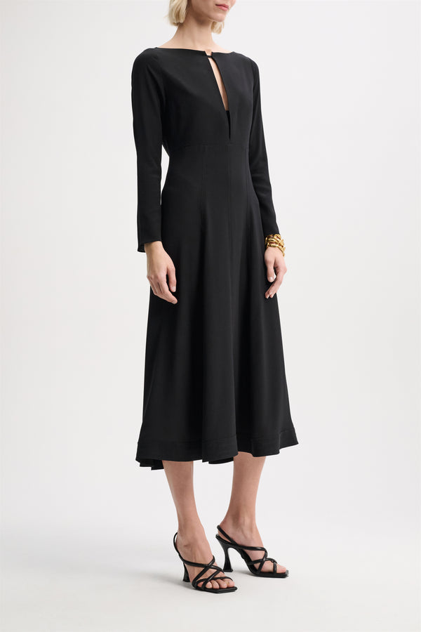 Dorothee Schumacher Sophisticated Volumes Silk Dress with Slit Neckline in Black