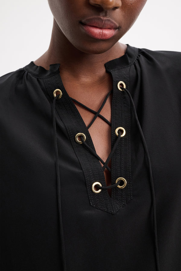 Dorothee Schumacher Sophisticated Volumes Silk Blouse with Laced Neckline in Black