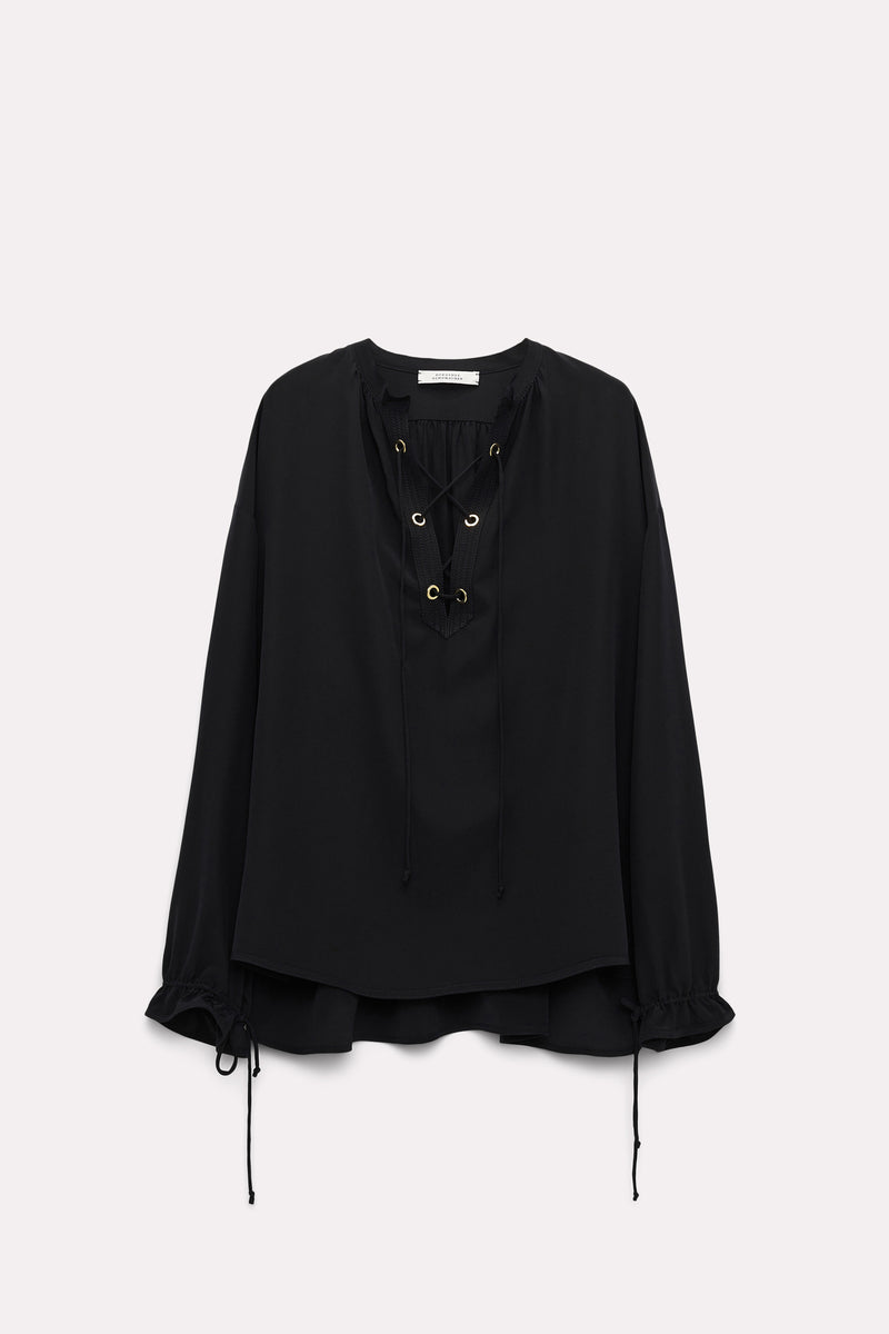Dorothee Schumacher Sophisticated Volumes Silk Blouse with Laced Neckline in Black