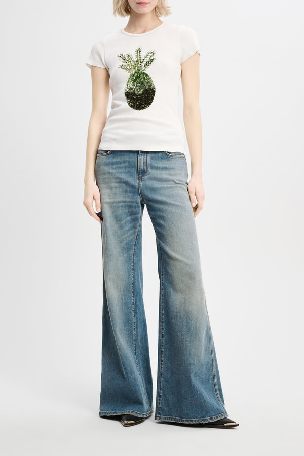 Dorothee Schumacher Fine Ribbed Cotton T-shirt with Pineapple Embroidery