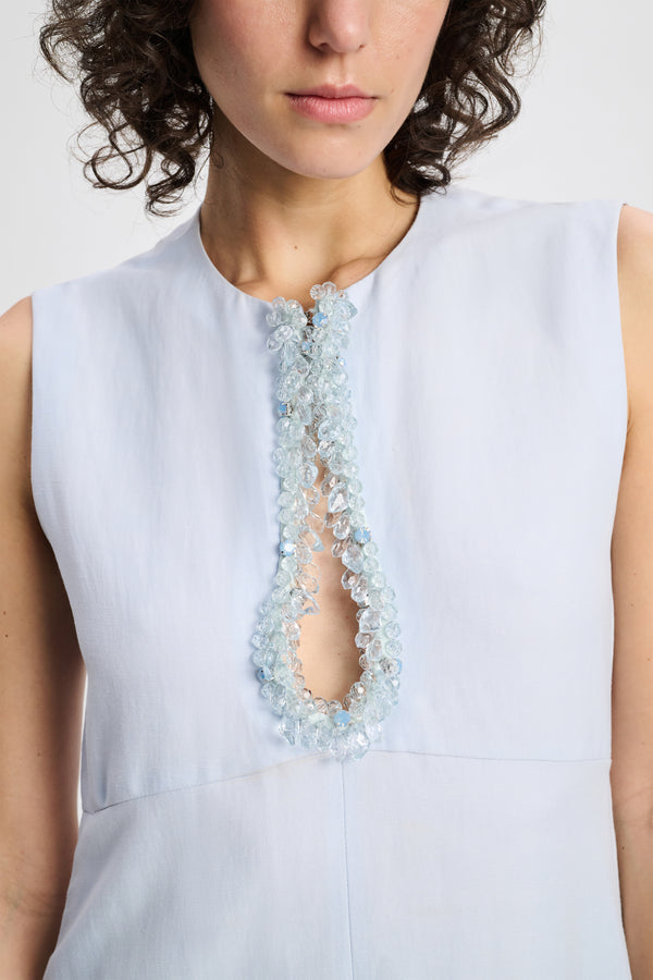 Dorothee Schumacher Linen Blend Dress with Embroidered Cutout in Soft Blue