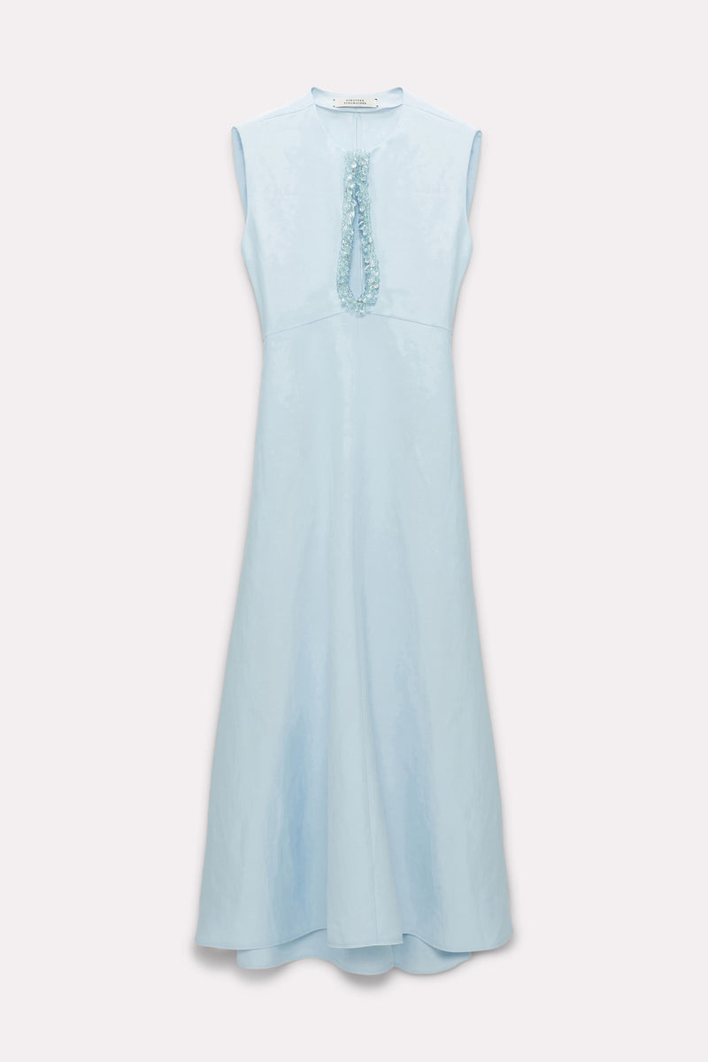 Dorothee Schumacher Linen Blend Dress with Embroidered Cutout in Soft Blue