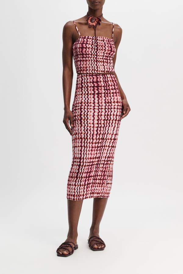 Dorothee Schumacher Silk Viscose Plaid Pencil Skirt with All- Over Smocking in Pink