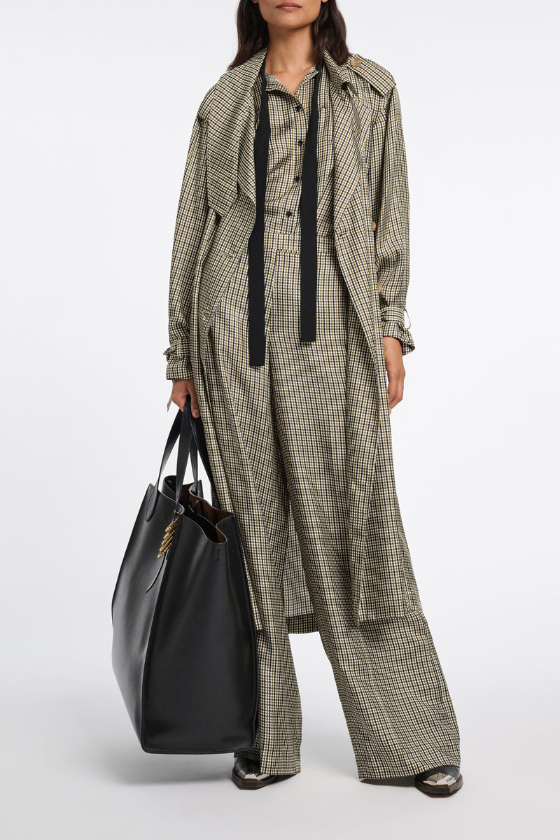 Dorothee Schumacher Double-Breasted Houndstooth Check Trench Coat Dress in Leguan Green Vancouver. Shop Online or in Store.