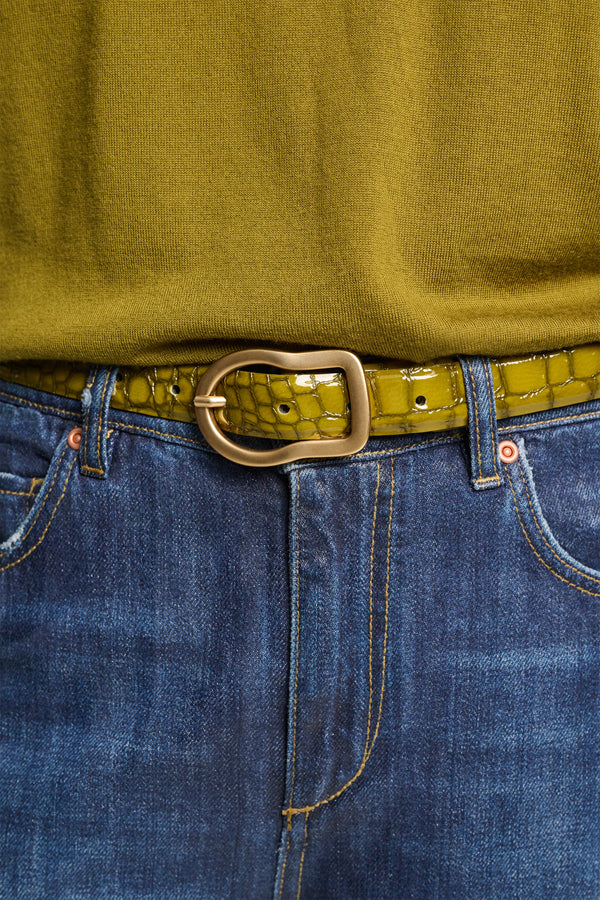 Dorothee Schumacher Reversible Belt With Signature Buckle in Leguan Green Vancouver. Shop Online or in Store. 