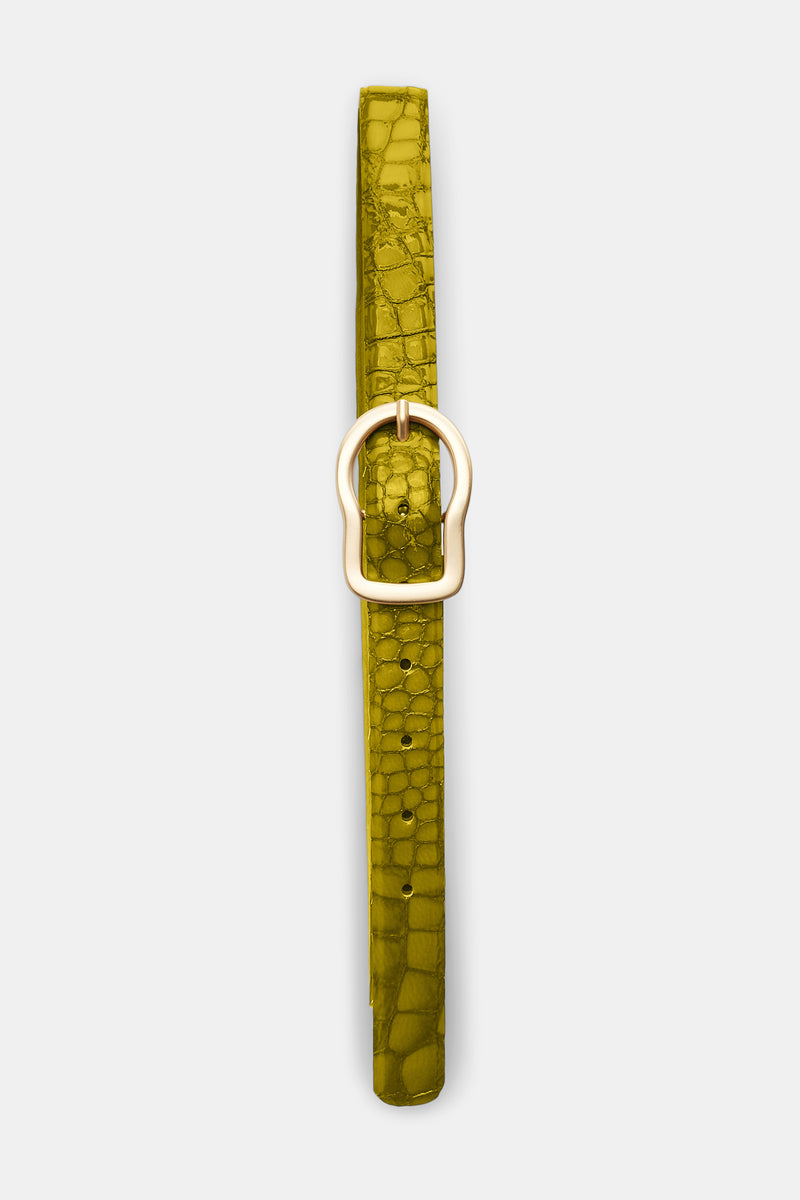 Dorothee Schumacher Reversible Belt With Signature Buckle in Leguan Green Vancouver. Shop Online or in Store. 