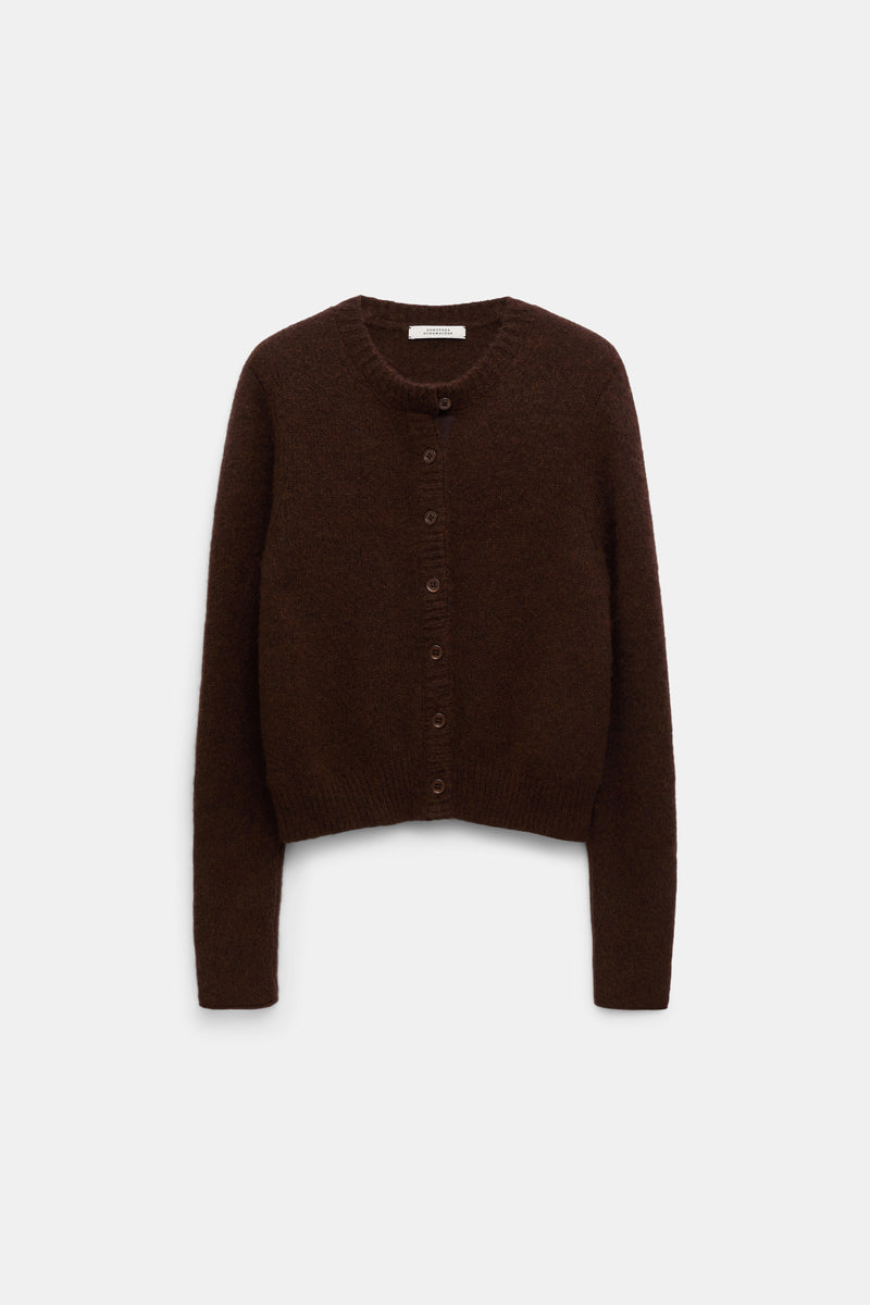 Dorothee Schumacher Round Neck Knit Cashmere Cardigan in Chocolate Brown