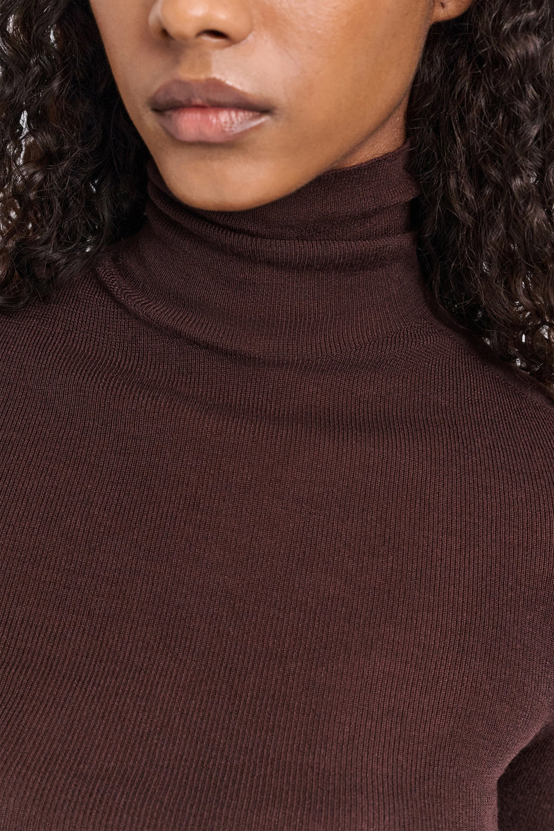 Dorothee Schumacher Seamless Fine Rib Merino Turtleneck in Chocolate Brown