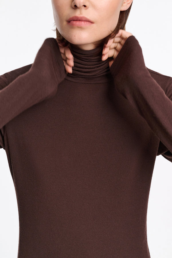 Dorothee Schumacher Long Sleeve Stretch Knit Turtleneck Pullover in Chocolate Brown