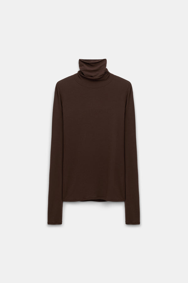 Dorothee Schumacher Long Sleeve Stretch Knit Turtleneck Pullover in Chocolate Brown