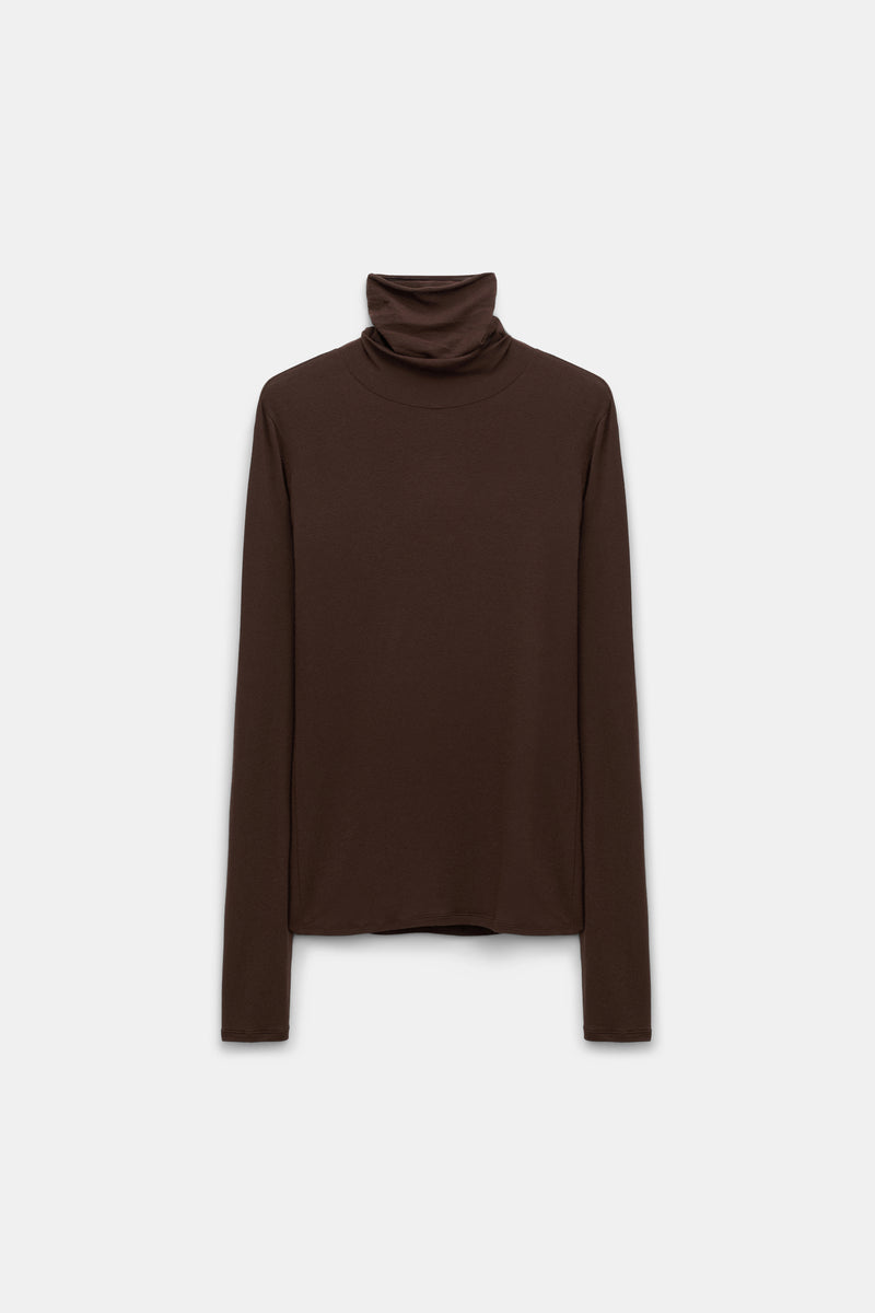 Dorothee Schumacher Long Sleeve Stretch Knit Turtleneck Pullover in Chocolate Brown