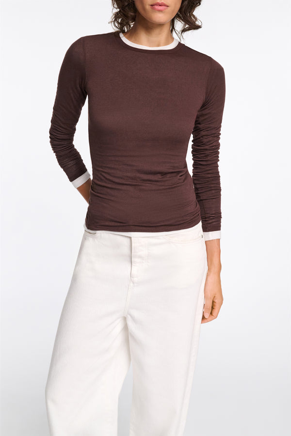 Dorothee Schumacher Stretch Knit Viscose Cashmere Long Sleeve Top in Chocolate Brown