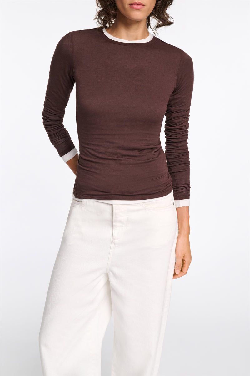Dorothee Schumacher Stretch Knit Viscose Cashmere Long Sleeve Top in Chocolate Brown