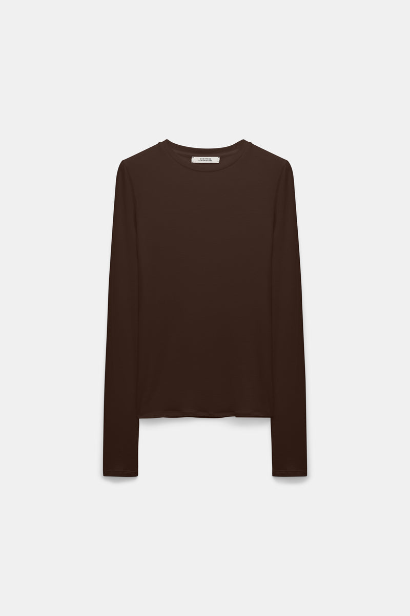 Dorothee Schumacher Stretch Knit Viscose Cashmere Long Sleeve Top in Chocolate Brown