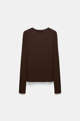 Dorothee Schumacher Stretch Knit Viscose Cashmere Long Sleeve Top in Chocolate Brown