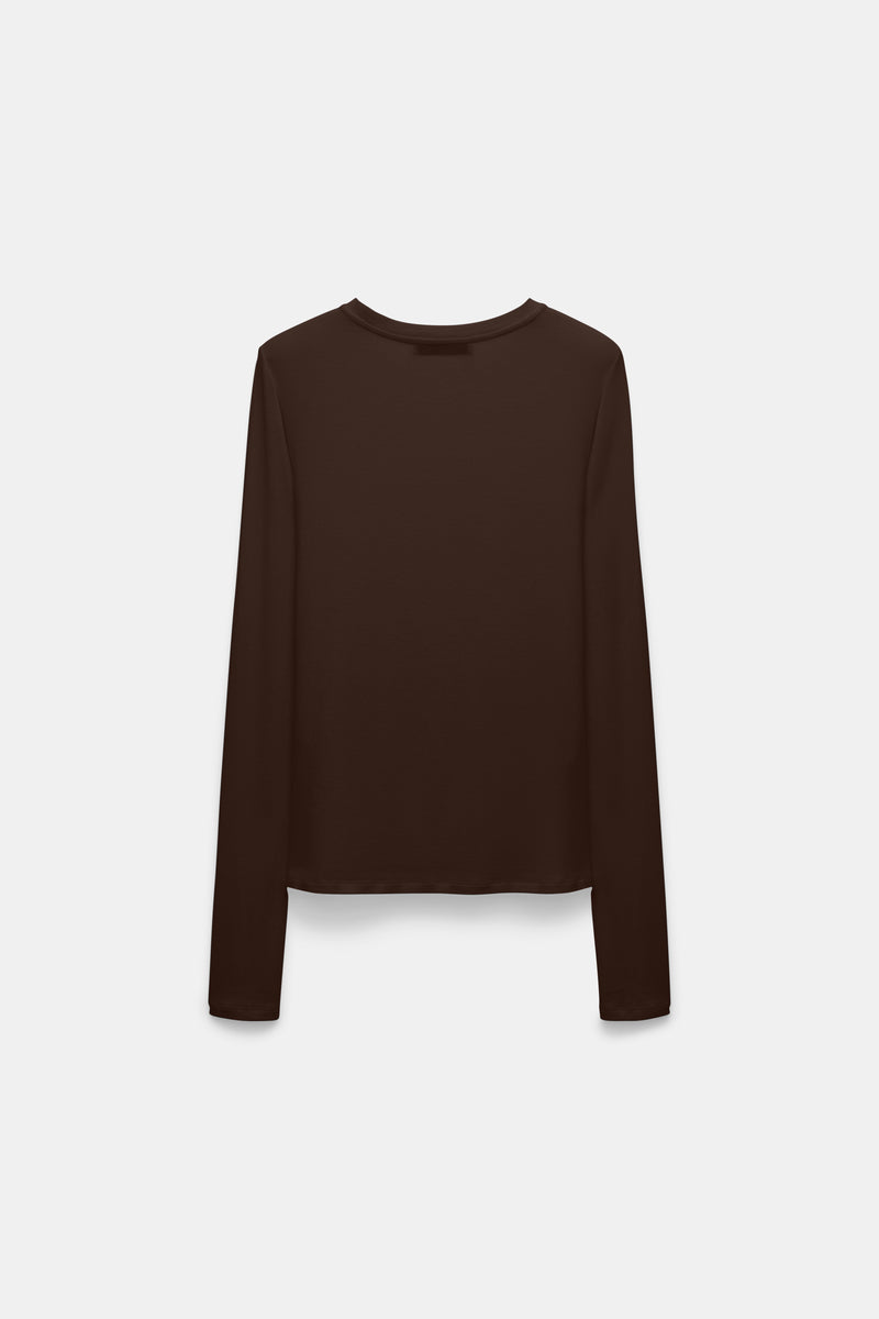 Dorothee Schumacher Stretch Knit Viscose Cashmere Long Sleeve Top in Chocolate Brown