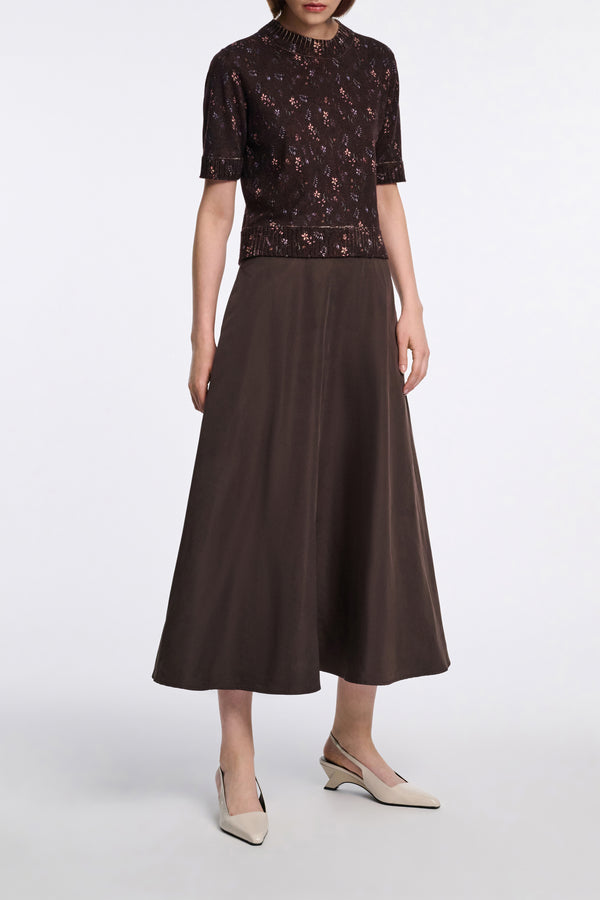 Dorothee Schumacher Techno Stretch A-Line Nylon Midi Skirt in Chocolate Brown