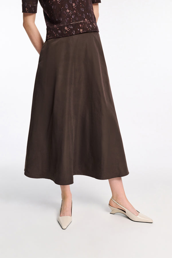 Dorothee Schumacher Techno Stretch A-Line Nylon Midi Skirt in Chocolate Brown