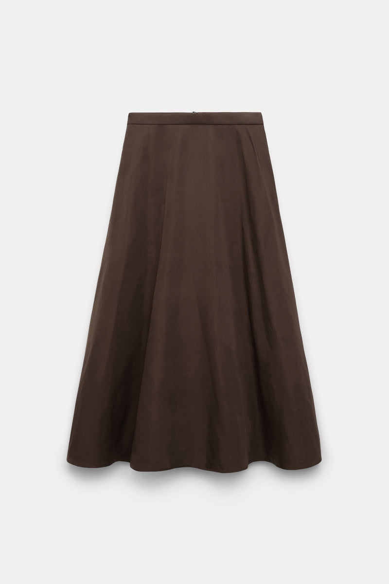 Dorothee Schumacher Techno Stretch A-Line Nylon Midi Skirt in Chocolate Brown