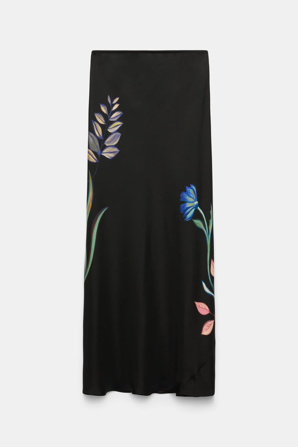 Dorothee Schumacher Silk Midi Skirt with Placement Print in Black