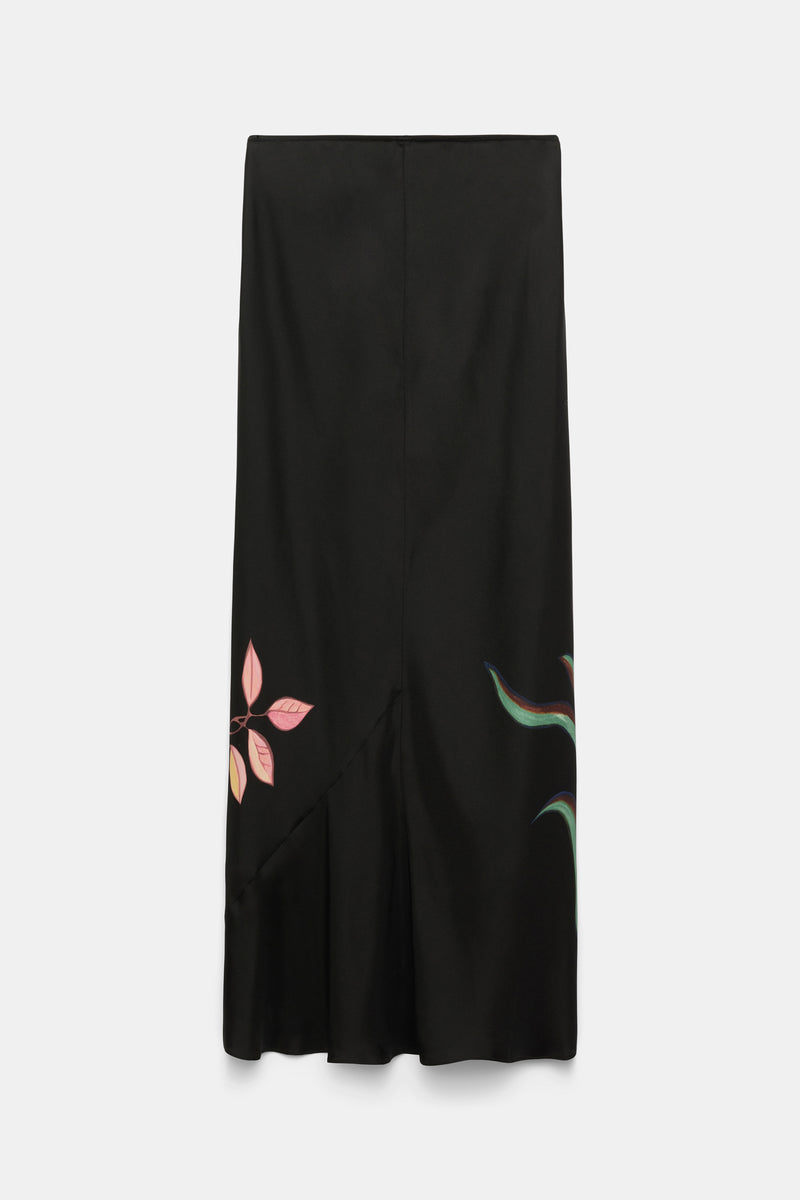 Dorothee Schumacher Silk Midi Skirt with Placement Print in Black