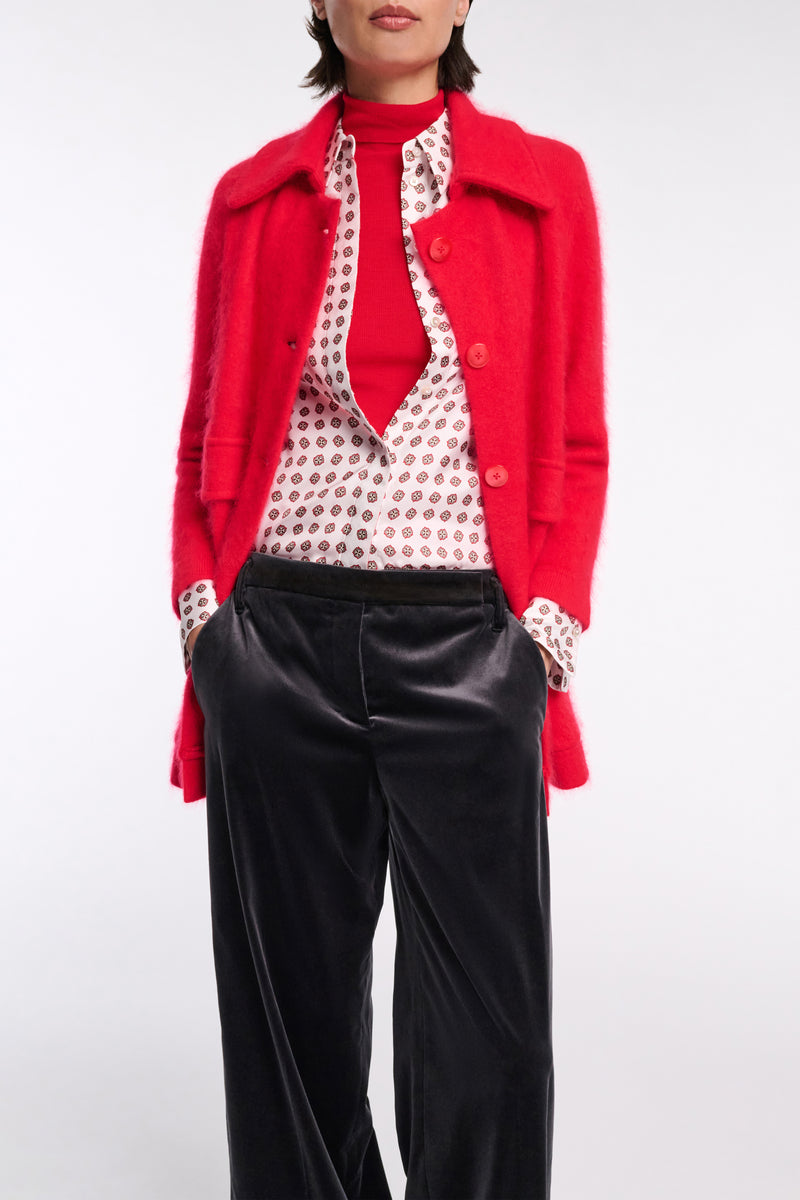 Dorothee Schumacher Virgin Merino-Cashmere Fuzzy Knit Collared Jacket in Lollipop