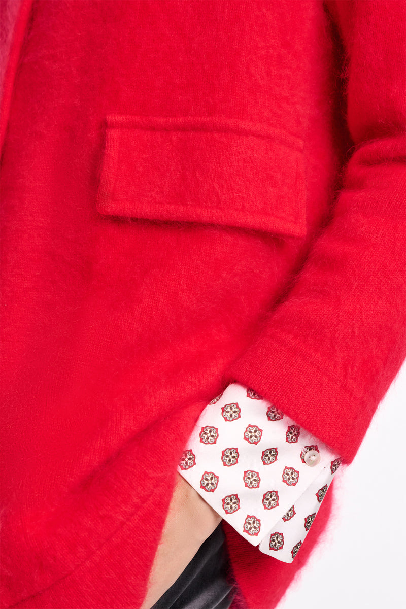 Dorothee Schumacher Virgin Merino-Cashmere Fuzzy Knit Collared Jacket in Lollipop