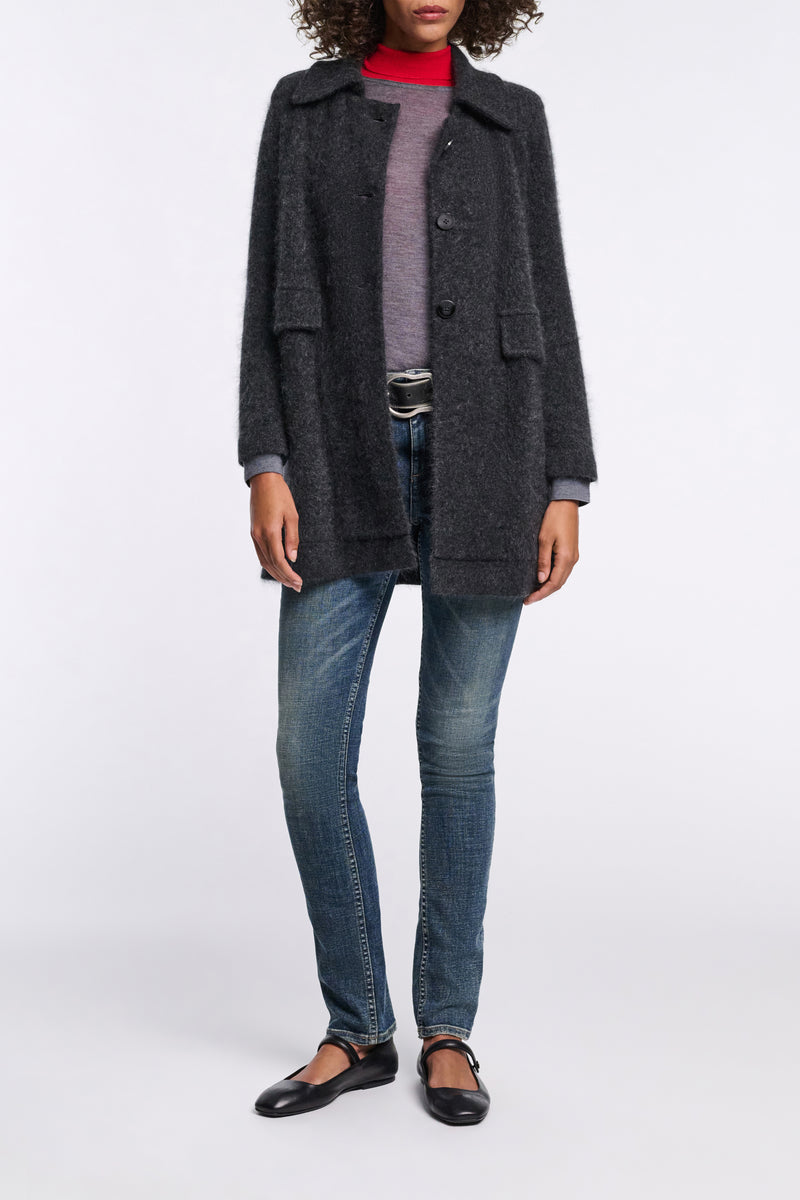 Dorothee Schumacher Virgin Merino-Cashmere Fuzzy Knit Collared Jacket in Dark Grey