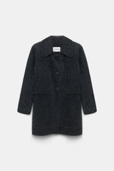 Dorothee Schumacher Virgin Merino-Cashmere Fuzzy Knit Collared Jacket in Dark Grey