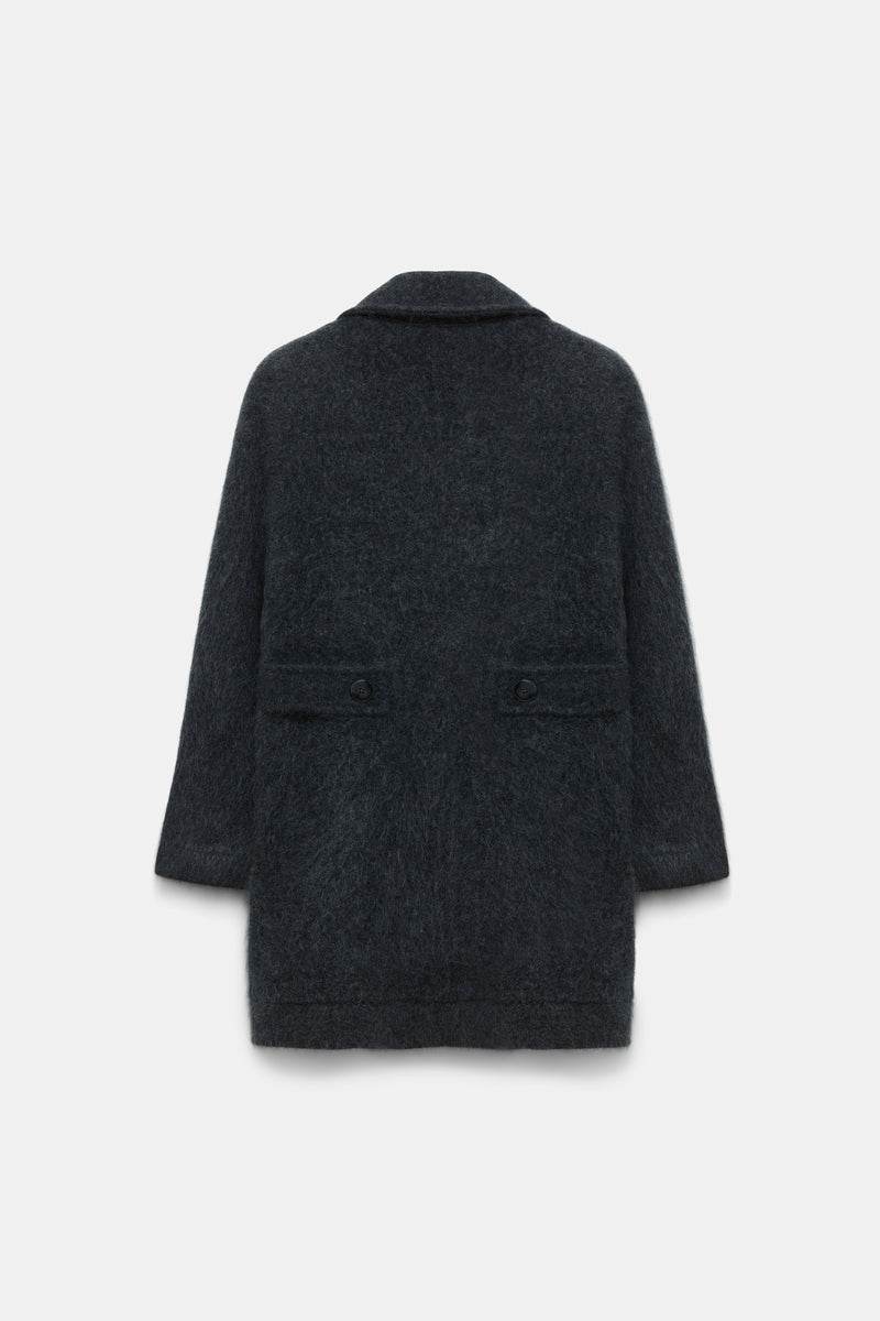 Dorothee Schumacher Virgin Merino-Cashmere Fuzzy Knit Collared Jacket in Dark Grey