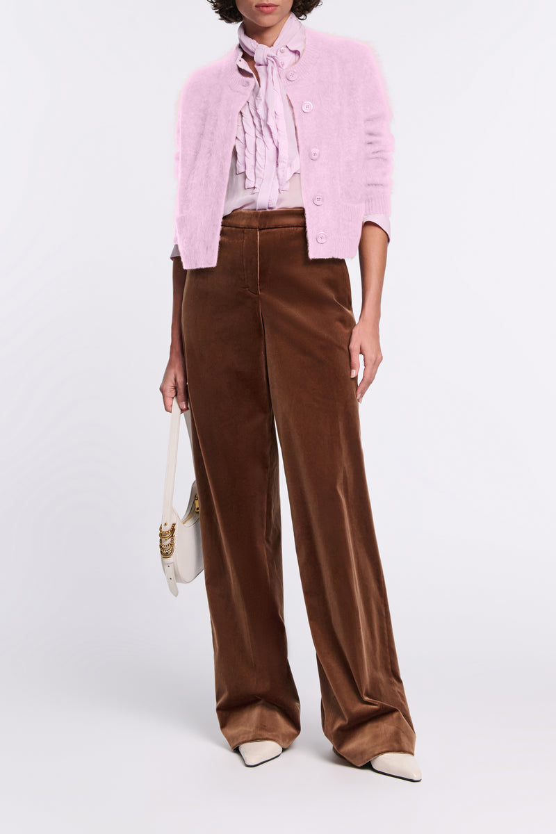 Dorothee Schumacher Virgin Merino-Cashmere Fuzzy Knit Cropped Cardigan in Orchidee