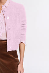 Dorothee Schumacher Virgin Merino-Cashmere Fuzzy Knit Cropped Cardigan in Orchidee