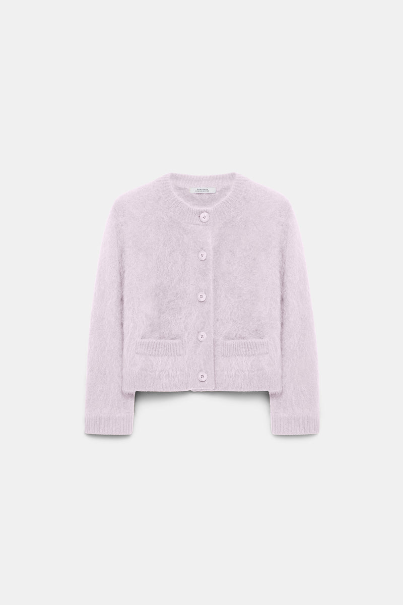 Dorothee Schumacher Virgin Merino-Cashmere Fuzzy Knit Cropped Cardigan in Orchidee