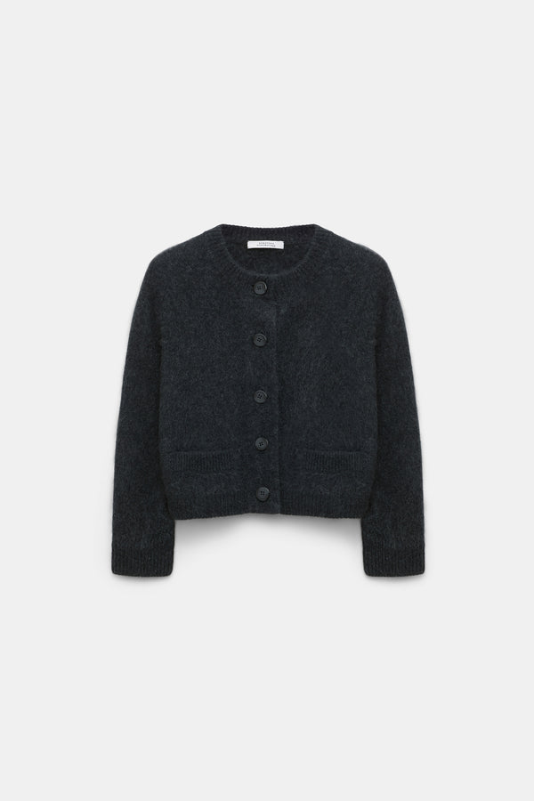 Dorothee Schumacher Virgin Merino-Cashmere Fuzzy Knit Cropped Cardigan in Grey