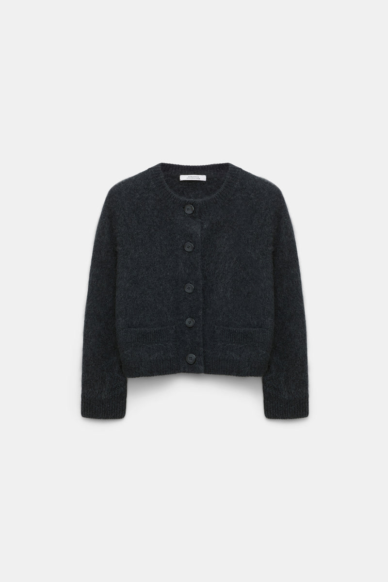 Dorothee Schumacher Virgin Merino-Cashmere Fuzzy Knit Cropped Cardigan in Grey