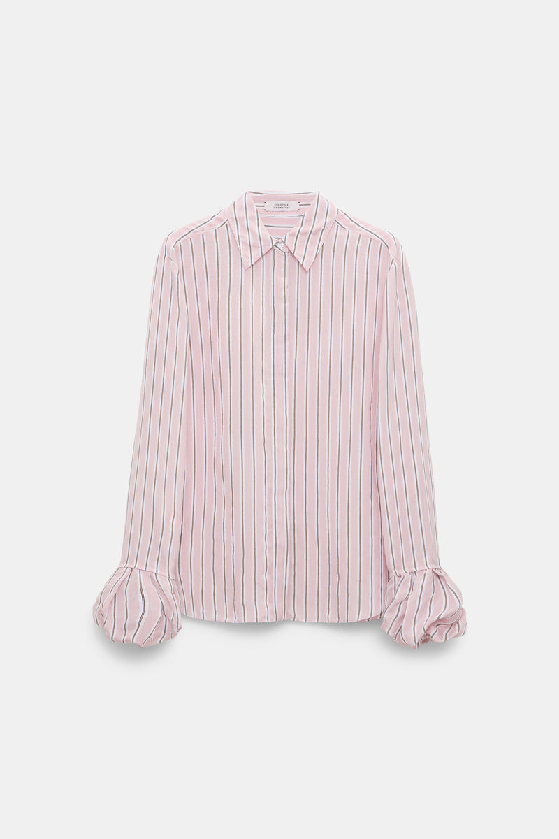 Dorothee Schumacher Silk Voile Striped Button-Up Blouse with Puff Cuffs in Pink